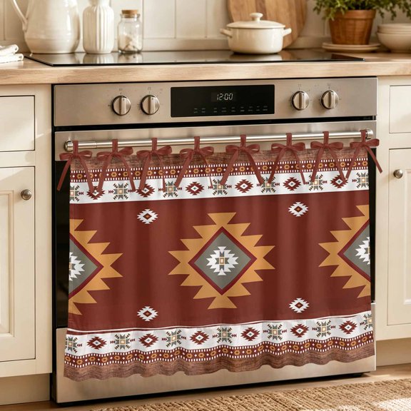 Oven Skirt Curtain for Kitchen 21.5x30 Inch, Southwest Oven Curtain with 8 Ribbon Ties & Ruffle Trim, Stove Skirt Curtain Dishwasher for Cabinets Western Brown Beige Geometric Abstract Art Wooden