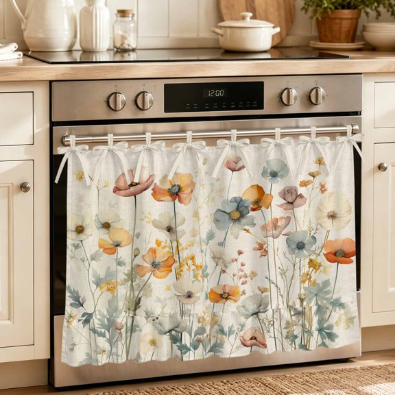 Oven Skirt Curtain for Kitchen 21.5x30 Inch, Spring Floral Oven Curtain with 8 Ribbon Ties & Ruffle Trim, Stove Skirt Curtain Dishwasher for Cabinets Sinks Elegant Flowers Summer Botanical Rustic