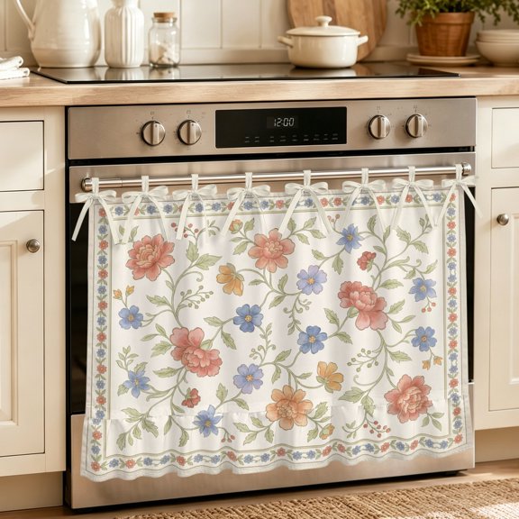 Oven Skirt Curtain for Kitchen 21.5x30 Inch, Spring Floral Oven Curtain with 8 Ribbon Ties & Ruffle Trim, Stove Skirt Curtain Dishwasher for Cabinets Over Sinks Vintage Botanical Cottagecore Pastoral