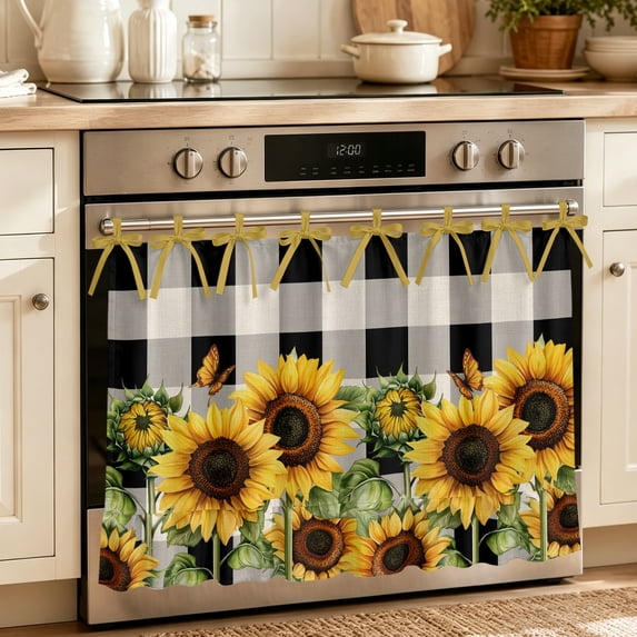 Oven Skirt Curtain for Kitchen 21.5x30 Inch, Sunflower Checkered Oven Curtain with 8 Ribbon Ties & Ruffle Trim, Stove Skirt Curtain Dishwasher for Cabinets Sinks Black Buffalo Plaid Pastoral Flowers