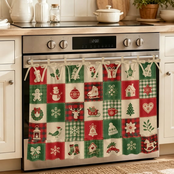 Oven Skirt Curtain for Kitchen 21.5x30 Inch, Vintage Checkered Christmas Oven Curtain with 8 Ribbon Ties & Ruffle Trim, Stove Skirt Curtain Dishwasher for Cabinets Sinks Xmas Snowman Tree Elk Plaid