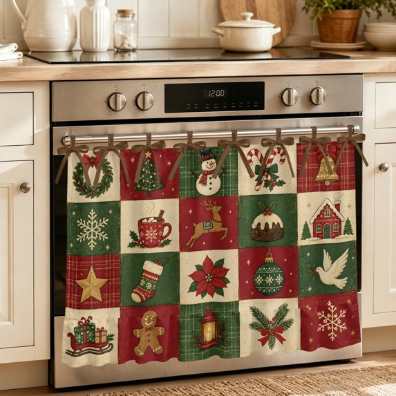 Oven Skirt Curtain for Kitchen 21.5x30 Inch, Vintage Checkered Christmas Oven Curtain with 8 Ribbon Ties & Ruffle Trim, Stove Skirt Curtain Dishwasher for Cabinets Xmas Snowman Snowflake Poinsettia