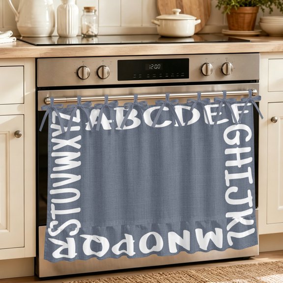 Oven Skirt Curtain for Kitchen 21.5x30 Inch, White Letters Oven Curtain with 8 Ribbon Ties & Ruffle Trim, Stove Skirt Curtain Dishwasher for Cabinets Over Sinks Modern Minimalist Style Sky Grey