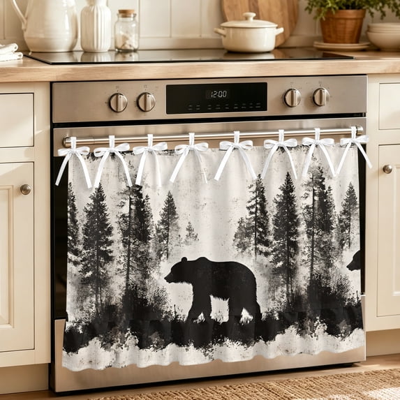 Oven Skirt Curtain for Kitchen 24x32 Inch, Black Bear Oven Curtain with 8 Ribbon Ties & Ruffle Trim, Stove Skirt Curtain Dishwasher for Cabinets Over Sinks Vintage Rustic Wildlife Forest Woodland