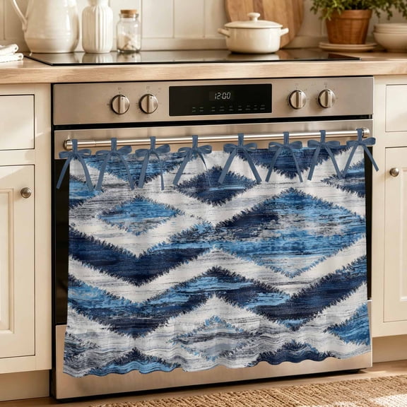 Oven Skirt Curtain for Kitchen 24x32 Inch, Blue Grey Geometric Oven Curtain with 8 Ribbon Ties & Ruffle Trim, Stove Skirt Curtain Dishwasher for Cabinets Sinks Vintage Shabby Chic Abstract Stripes