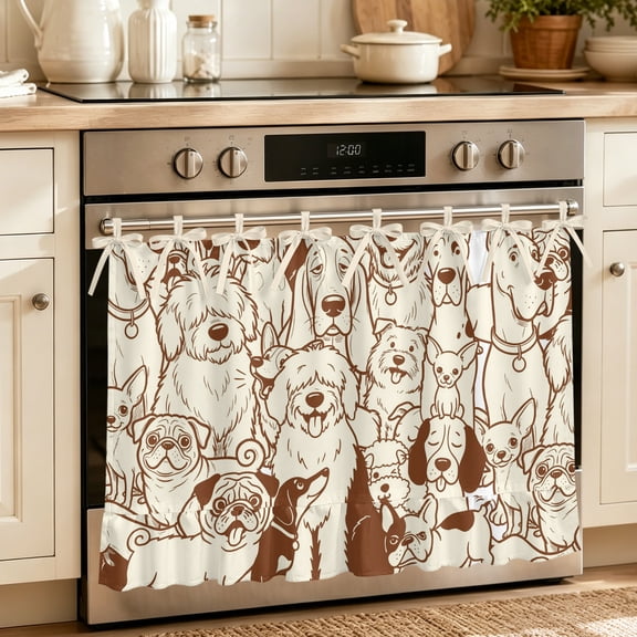 Oven Skirt Curtain for Kitchen 24x32 Inch, Brown Dog Oven Curtain with 8 Ribbon Ties & Ruffle Trim, Stove Skirt Curtain Dishwasher for Cabinets Over Sinks Cute Line Cartoon Funny