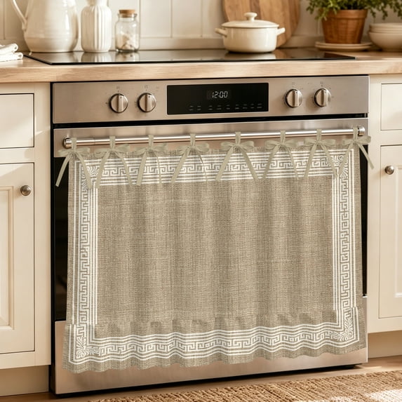 Oven Skirt Curtain for Kitchen 24x32 Inch, Cream Greek Key Oven Curtain with 8 Ribbon Ties & Ruffle Trim, Stove Skirt Curtain Dishwasher for Cabinets Over Sinks Geometric Greece Ancient Rustic