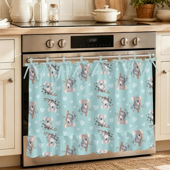 Oven Skirt Curtain for Kitchen 24x32 Inch, Cute Koala Oven Curtain with 8 Ribbon Ties & Ruffle Trim, Stove Skirt Curtain Dishwasher for Cabinets Over Sinks Funny Leaves Branches Love Teal Green