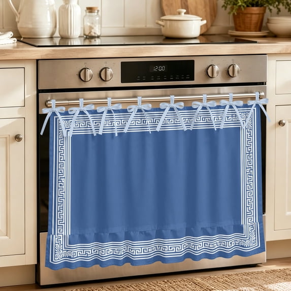Oven Skirt Curtain for Kitchen 24x32 Inch, Dark Blue Greek Key Oven Curtain with 8 Ribbon Ties & Ruffle Trim, Stove Skirt Curtain Dishwasher for Cabinets Sinks Geometric Greece Ancient Farmhouse Geo