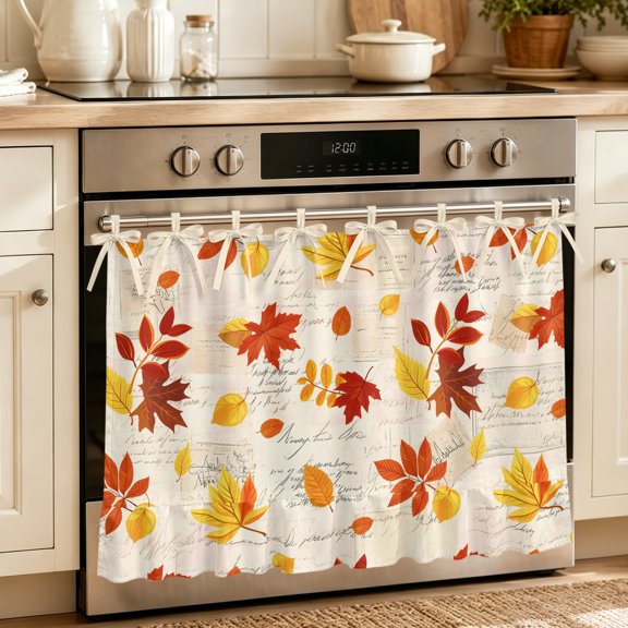 Oven Skirt Curtain for Kitchen 24x32 Inch, Fall Maple Leaves Oven Curtain with 8 Ribbon Ties & Ruffle Trim, Stove Skirt Curtain Dishwasher for Cabinets Over Sinks Thanksgiving Botanical Vintage Leaf