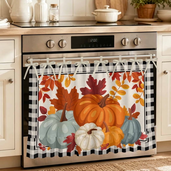 Oven Skirt Curtain for Kitchen 24x32 Inch, Fall Pumpkins Oven Curtain with 8 Ribbon Ties & Ruffle Trim, Stove Skirt Curtain Dishwasher for Cabinets Over Sinks Thanksgiving Black Plaid Maple Leaf