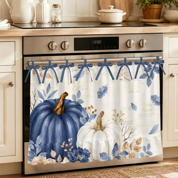 Oven Skirt Curtain for Kitchen 24x32 Inch, Fall Thanksgiving Oven Curtain with 8 Ribbon Ties & Ruffle Trim, Stove Skirt Curtain Dishwasher for Cabinets Sinks Navy Blue White Pumpkins Autumn Leaves