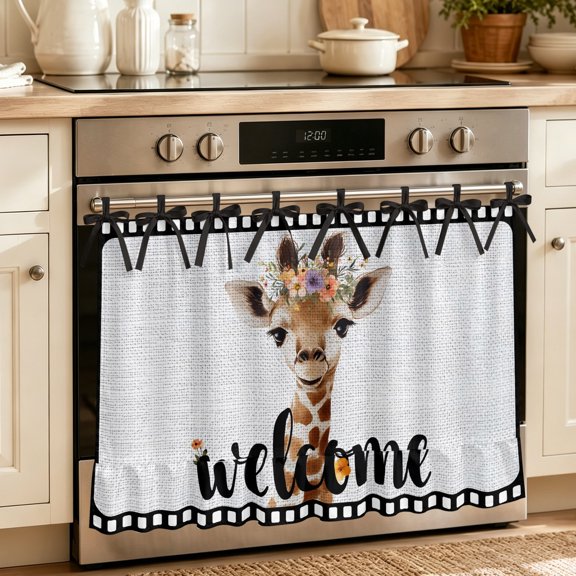 Oven Skirt Curtain for Kitchen 24x32 Inch, Funny Giraffe Oven Curtain with 8 Ribbon Ties & Ruffle Trim, Stove Skirt Curtain Dishwasher for Cabinets Sinks Abstract Wreath Welcome Black Gray Linen