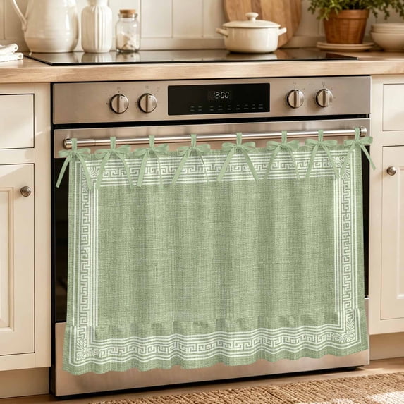 Oven Skirt Curtain for Kitchen 24x32 Inch, Grass Green Retro Greek Key Oven Curtain with 8 Ribbon Ties & Ruffle Trim, Stove Skirt Curtain Dishwasher for Cabinets Sinks Geometric Greece Ancient Rustic