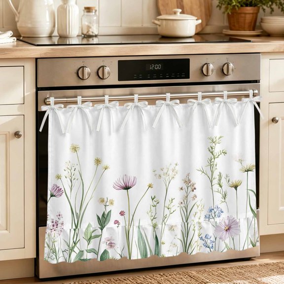 Oven Skirt Curtain for Kitchen 24x32 Inch, Green Botanical Floral Oven Curtain with 8 Ribbon Ties & Ruffle Trim, Stove Skirt Curtain Dishwasher for Cabinets Over Sinks Spring Summer Rustic