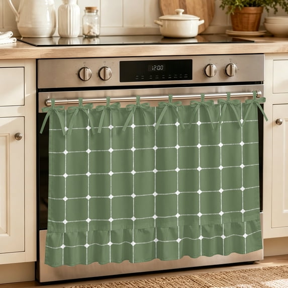 Oven Skirt Curtain for Kitchen 24x32 Inch, Green Gingham Oven Curtain with 8 Ribbon Ties & Ruffle Trim, Stove Skirt Curtain Dishwasher for Cabinets Over Sinks Modern Minimalist Geometric Plaid