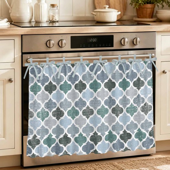 Oven Skirt Curtain for Kitchen 24x32 Inch, Green Grey Morocco Pattern Oven Curtain with 8 Ribbon Ties & Ruffle Trim, Stove Skirt Curtain Dishwasher for Cabinets Turquoise Modern Moroccan Geometric