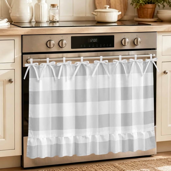 Oven Skirt Curtain for Kitchen 24x32 Inch, Grey Plaid Oven Curtain with 8 Ribbon Ties & Ruffle Trim, Stove Skirt Curtain Dishwasher for Cabinets Over Sinks Spring Summer Farmhouse Buffalo Checkered
