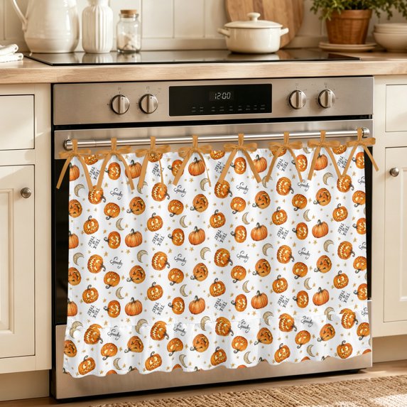 Oven Skirt Curtain for Kitchen 24x32 Inch, Halloween Pumpkins Oven Curtain with 8 Ribbon Ties & Ruffle Trim, Stove Skirt Curtain Dishwasher for Cabinets Over Sinks Moon Cute Orange Pumpkin