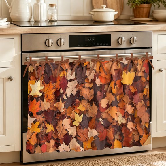 Oven Skirt Curtain for Kitchen 24x32 Inch, Maple Leaf Autumn Oven Curtain with 8 Ribbon Ties & Ruffle Trim, Stove Skirt Curtain Dishwasher for Cabinets Over Sinks Farmhouse Fall Botanical Leaves