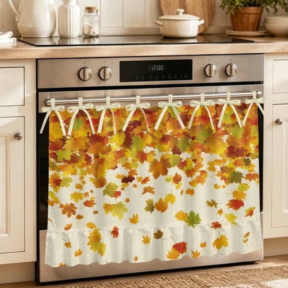 Oven Skirt Curtain for Kitchen 24x32 Inch, Maple Leaf Fall Oven Curtain with 8 Ribbon Ties & Ruffle Trim, Stove Skirt Curtain Dishwasher for Cabinets Sinks Thanksgiving Fallen Leaves Autumn Rustic