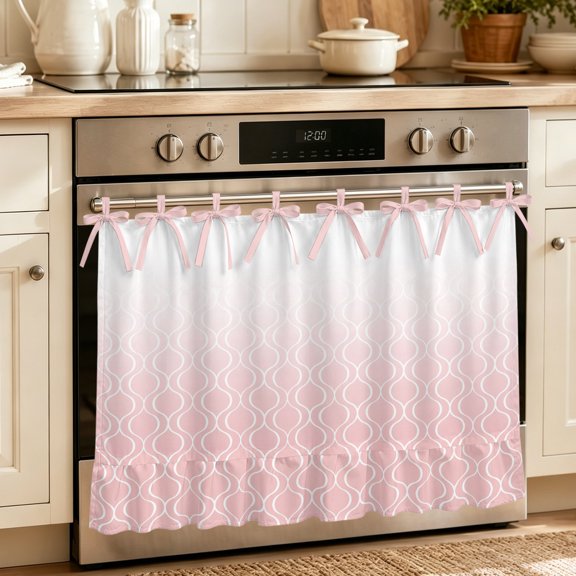 Oven Skirt Curtain for Kitchen 24x32 Inch, Moroccan Pink Oven Curtain with 8 Ribbon Ties & Ruffle Trim, Stove Skirt Curtain Dishwasher for Cabinets Over Sinks Abstract Geometric Plaid Gradient
