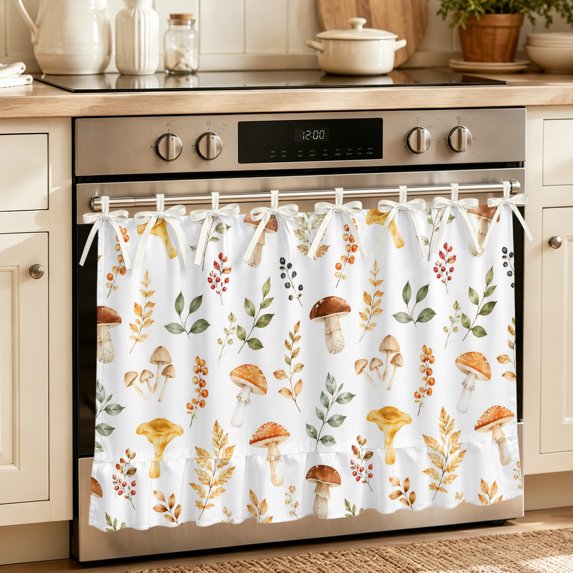 Oven Skirt Curtain for Kitchen 24x32 Inch, Mushroom Leaves Oven Curtain with 8 Ribbon Ties & Ruffle Trim, Stove Skirt Curtain Dishwasher for Cabinets Over Sinks Autumn Botanical Seasonal Plants Leaf