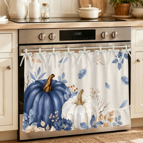 Oven Skirt Curtain for Kitchen 24x32 Inch, Navy Blue Pumpkin Fall Oven Curtain with 8 Ribbon Ties & Ruffle Trim, Stove Skirt Curtain Dishwasher for Cabinets Sinks Thanksgiving Rustic Autumn Leaves