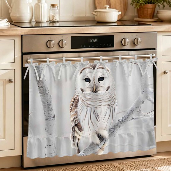 Oven Skirt Curtain for Kitchen 24x32 Inch, Owl On Branch Oven Curtain with 8 Ribbon Ties & Ruffle Trim, Stove Skirt Curtain Dishwasher for Cabinets Over Sinks Framhouse Winter Landscape Tree Birds