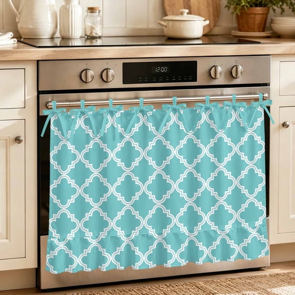 Oven Skirt Curtain for Kitchen 24x32 Inch, Quatrefoil Moroccan Pattern Oven Curtain with 8 Ribbon Ties & Ruffle Trim, Stove Skirt Curtain Dishwasher for Cabinets Over Sinks Geometric Aqua Morocco