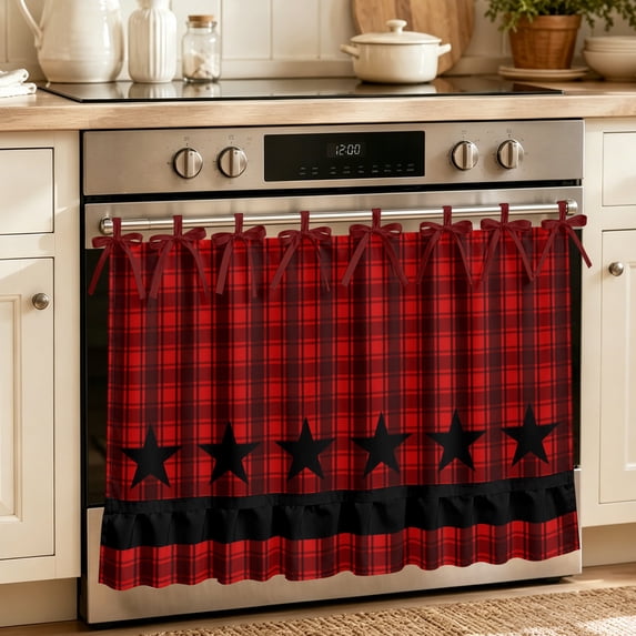 Oven Skirt Curtain for Kitchen 24x32 Inch, Red Black Plaid Oven Curtain with 8 Ribbon Ties & Ruffle Trim, Stove Skirt Curtain Dishwasher for Cabinets Over Sinks Country Vintage Star Abstract Gingham