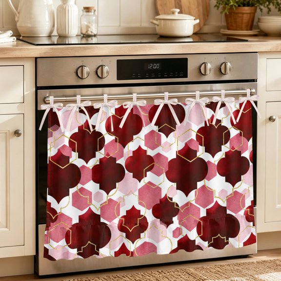 Oven Skirt Curtain for Kitchen 24x32 Inch, Red Geometric Moroccan Oven Curtain with 8 Ribbon Ties & Ruffle Trim, Stove Skirt Curtain Dishwasher for Cabinets Over Sinks Abstract Art Red Ombre Modern