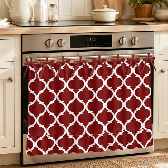 Oven Skirt Curtain for Kitchen 24x32 Inch, Red Morocco Pattern Oven Curtain with 8 Ribbon Ties & Ruffle Trim, Stove Skirt Curtain Dishwasher for Cabinets Sinks Modern White Geometric Moroccan Art