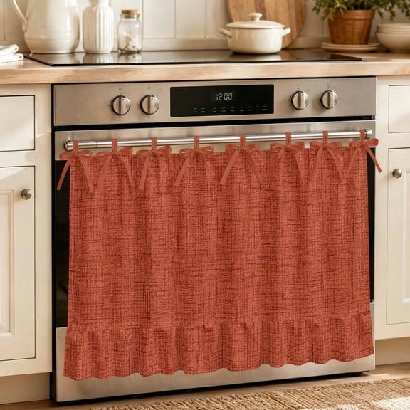 Oven Skirt Curtain for Kitchen 24x32 Inch, Rust Red Oven Curtain with 8 Ribbon Ties & Ruffle Trim, Stove Skirt Curtain Dishwasher for Cabinets Over Sinks Rustic Farmhouse Solid Color