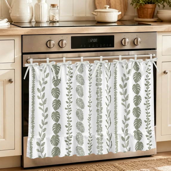 Oven Skirt Curtain for Kitchen 24x32 Inch, Sage Green Botanical Oven Curtain with 8 Ribbon Ties & Ruffle Trim, Stove Skirt Curtain Dishwasher for Cabinets Sinks Summer Botanical Leaf Vertical Stripes