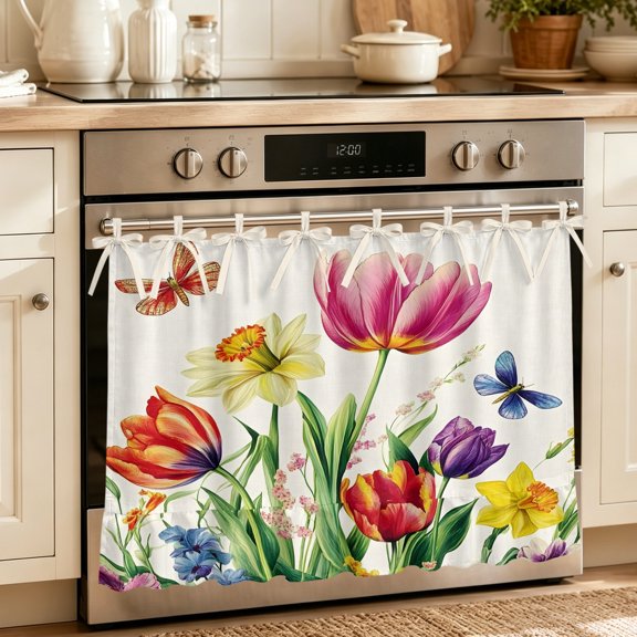 Oven Skirt Curtain for Kitchen 24x32 Inch, Spring Floral Oven Curtain with 8 Ribbon Ties & Ruffle Trim, Stove Skirt Curtain Dishwasher for Cabinets Over Sinks Vintage Tulip Butterfly Botanical Summer