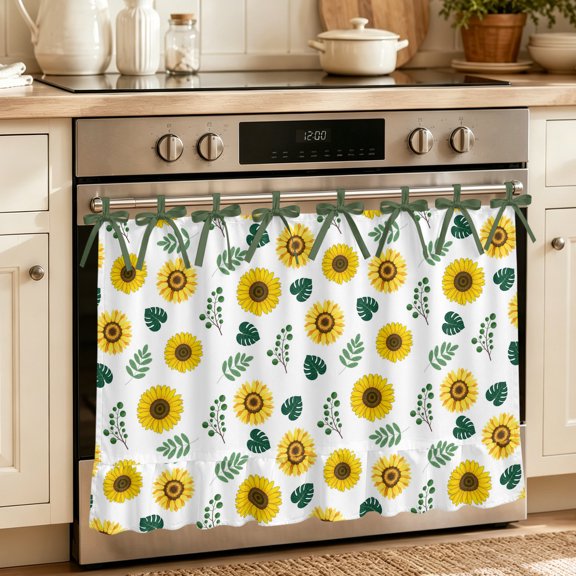 Oven Skirt Curtain for Kitchen 24x32 Inch, Spring Sunflowers Oven Curtain with 8 Ribbon Ties & Ruffle Trim, Stove Skirt Curtain Dishwasher for Cabinets Green Leaves Yellow Floral Rustic Botanical