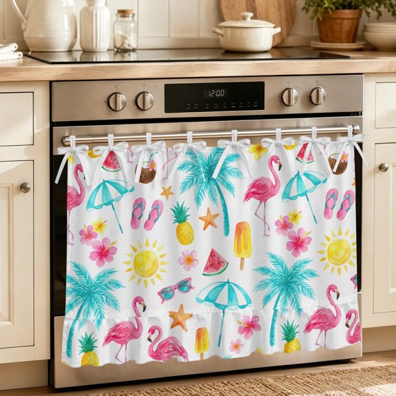 Oven Skirt Curtain for Kitchen 24x32 Inch, Summer Flamingo Oven Curtain with 8 Ribbon Ties & Ruffle Trim, Stove Skirt Curtain Dishwasher for Cabinets Over Sinks Tropical Palm Tree Pineapple