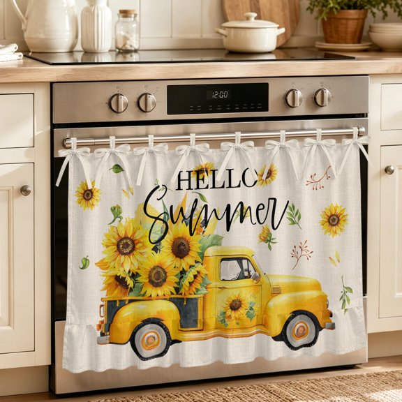 Oven Skirt Curtain for Kitchen 24x32 Inch, Summer Sunflower Oven Curtain with 8 Ribbon Ties & Ruffle Trim, Stove Skirt Curtain Dishwasher for Cabinets Over Sinks Yellow Truck Botanical Rustic