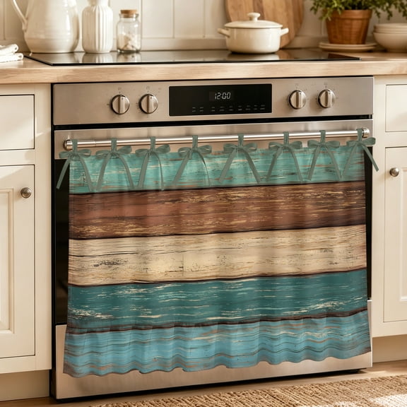 Oven Skirt Curtain for Kitchen 24x32 Inch, Teal Turquoise Wooden Oven Curtain with 8 Ribbon Ties & Ruffle Trim, Stove Skirt Curtain Dishwasher for Cabinets Rustic Retro Farmhouse Western Country