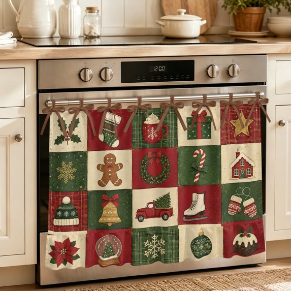 Oven Skirt Curtain for Kitchen 24x32 Inch, Vintage Checkered Christmas Oven Curtain with 8 Ribbon Ties & Ruffle Trim, Stove Skirt Curtain Dishwasher for Cabinets Sinks Xmas Snowman Truck Snowflake
