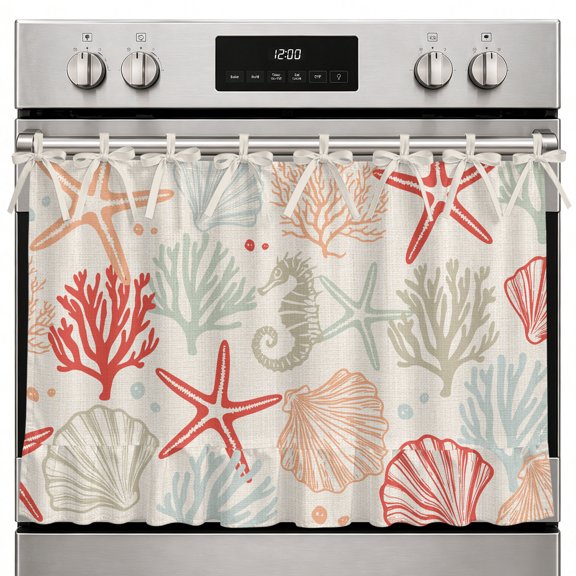 Oven Skirt Curtain for Kitchen Decor 20x27 Inch, Red Orange Coastal Tie Top Oven Curtain with Ruffle Trim, Stove CSkirt for Dishwasher Cabinet Sink Summer Beach Starfish Coral Nautical Rustic