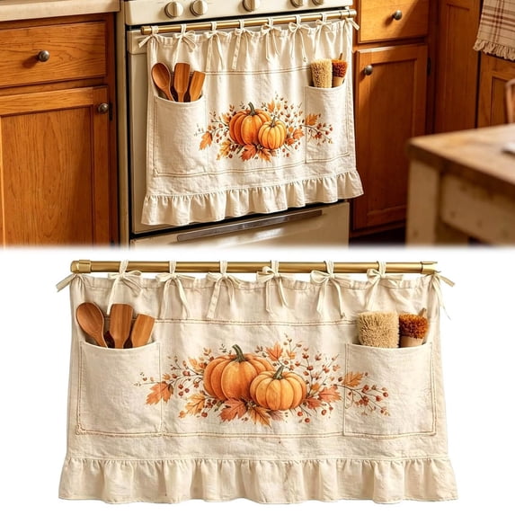 Oven Skirt Curtain with Pockets, Handmade Modern Farmhouse Kitchen Decor, Ribbon Ties Tabs Ruffled Trim for Dishwasher, Washing Machine, Range Clutter Cover