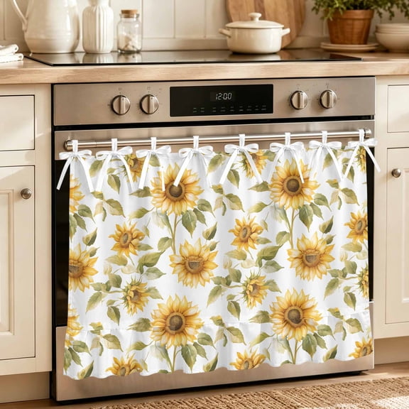 Oven Skirt Curtain, Summer Sunflowers Oven Curtain for Kitchen Decor, Pastoral Farm Floral Watercolor Tie Top Kitchen Curtains for Ovens Door Stove Dishwasher Cabinet Windows, 27" x 20"