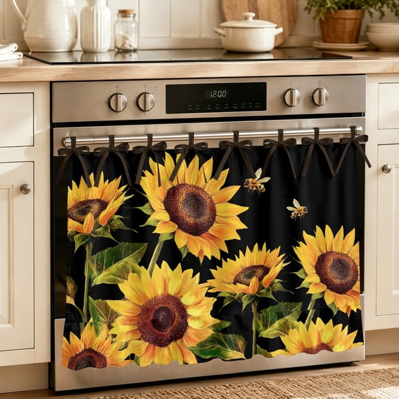 Oven Skirt Curtain, Sunflower Oven Curtain for Kitchen Decor, Summer Bee Botanical Floral Black Tie Top Kitchen Curtains for Ovens Door Stove Dishwasher Cabinet Windows, 27" x 20"