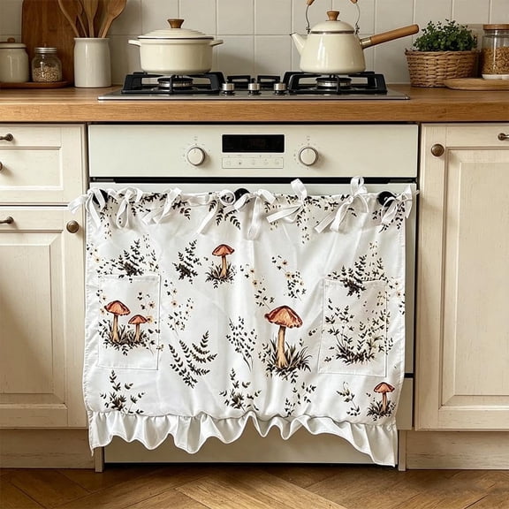 Oven Skirt Curtain with Pockets, Handmade Farmhouse Ruffled Ribbon Tie