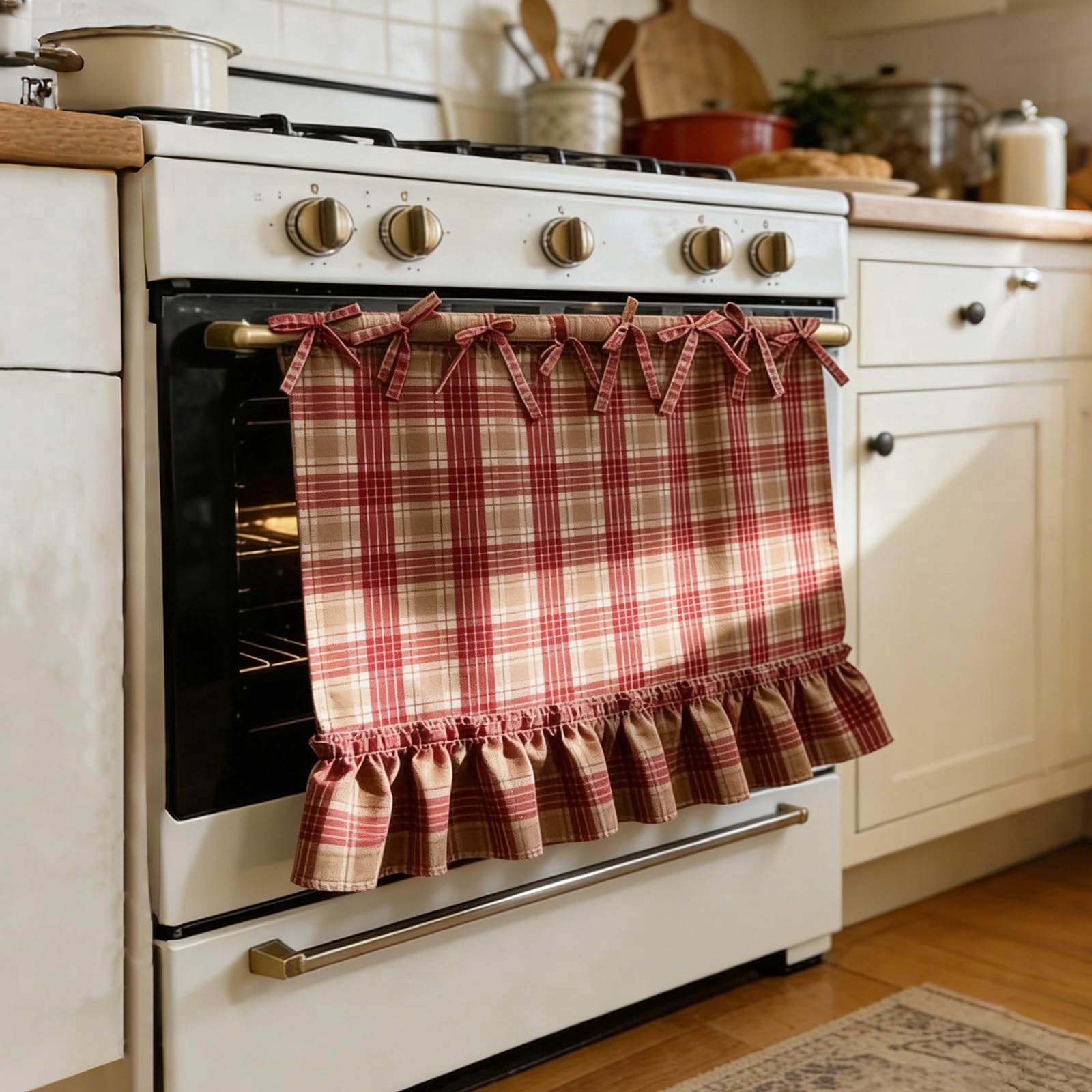 Oven Ribbon Oven Skirt with Ribbon Ties – Farmhouse Kitchen Stove Curtain with ...