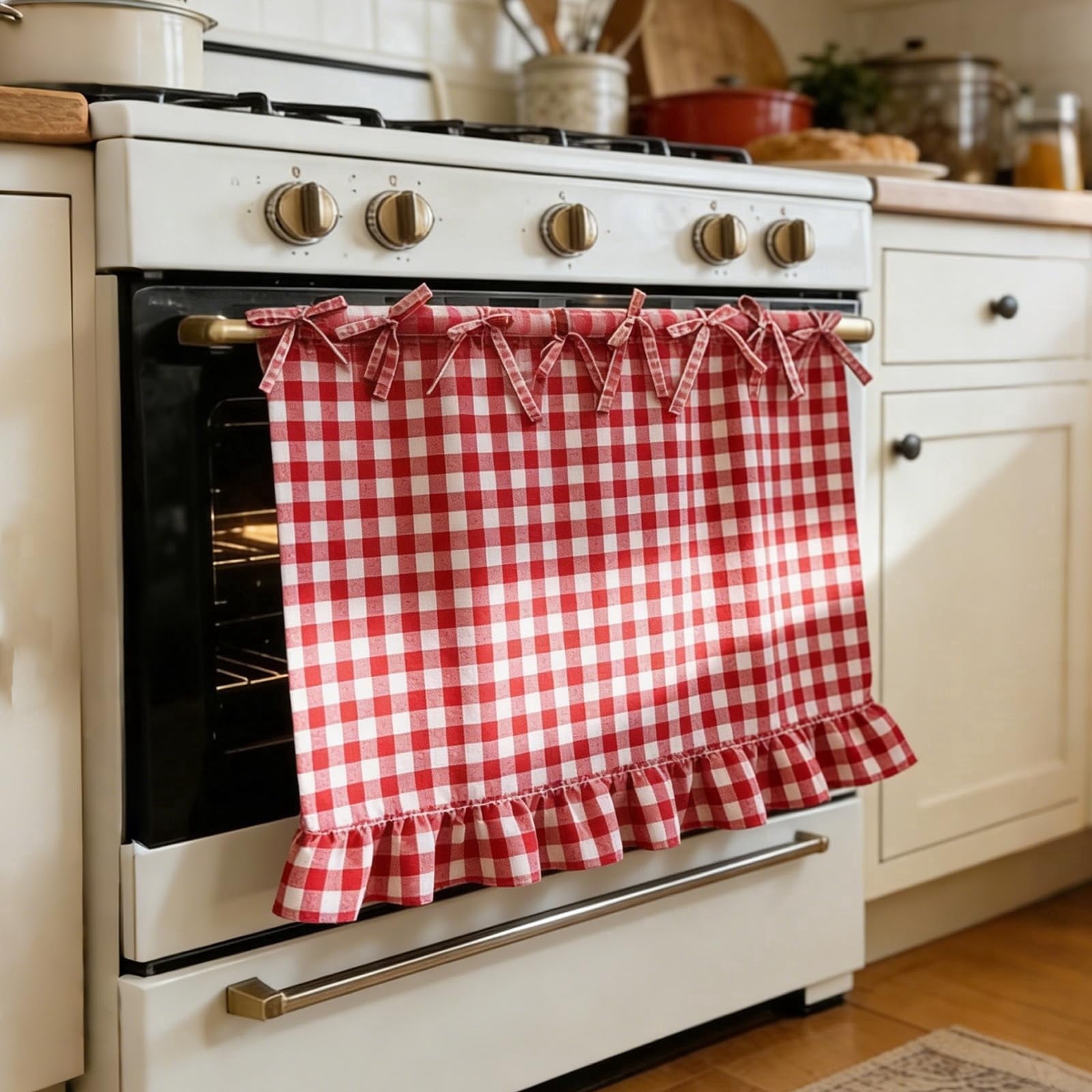 Oven Ribbon Oven Skirt with Ribbon Ties – Farmhouse Kitchen Stove Curtain with ...