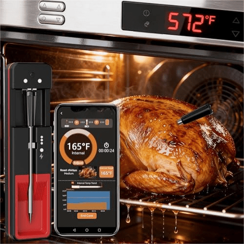 Oven Wireless Meat Thermometer: Smart 572 Oven-Safe Stainless Steel Probe with 900ft Bluetooth Range for Juicy Meat - Easy Setup App Auto Alerts Dishwasher Safe for Grilling Cooking Smoking