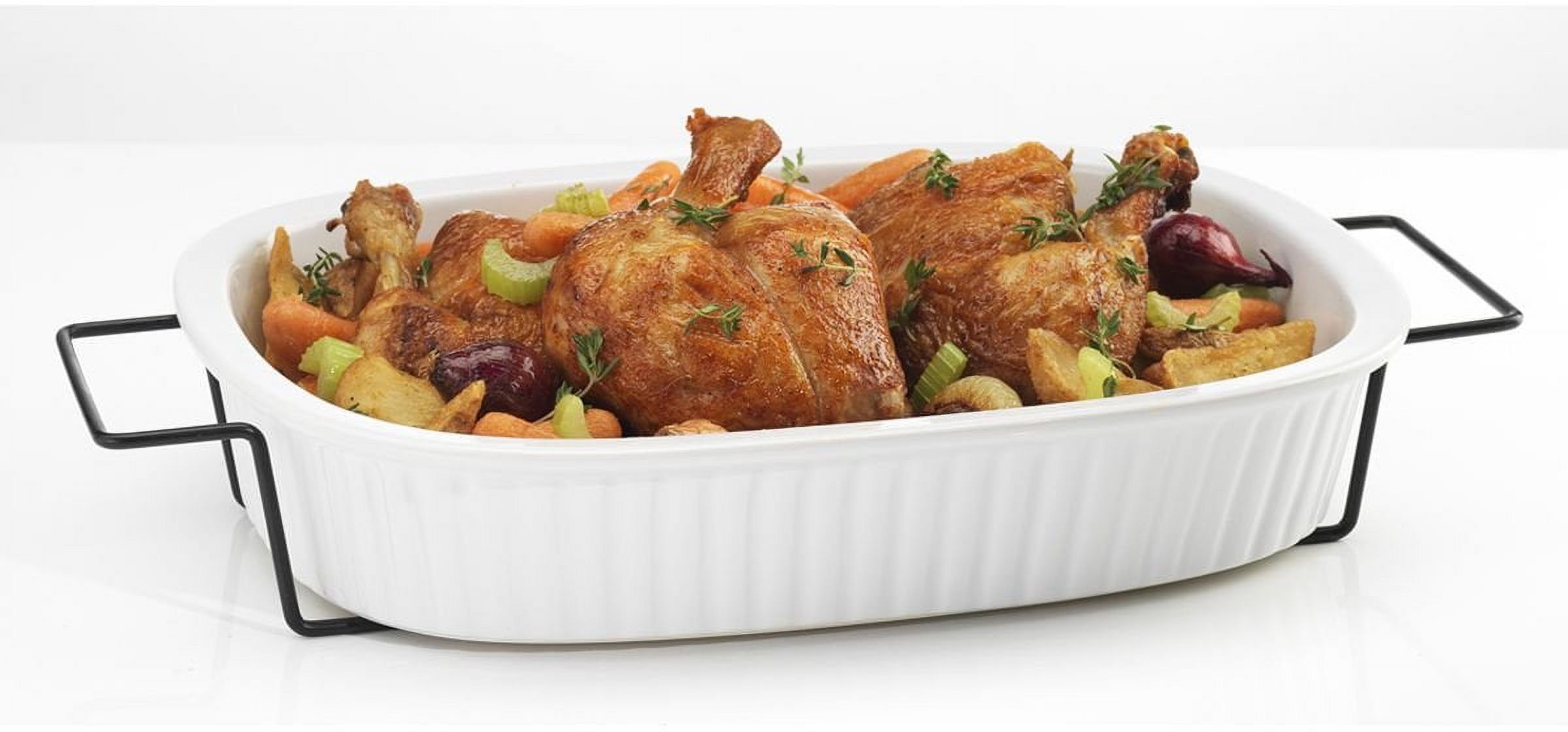 Oven to Table White Casserole Porcelain Baking Dish with Iron Rack